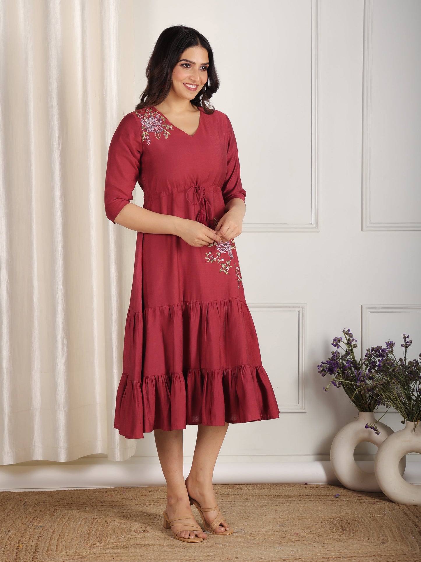 Embroidered Blend Cotton Solid Anarkali Maroon Dress
