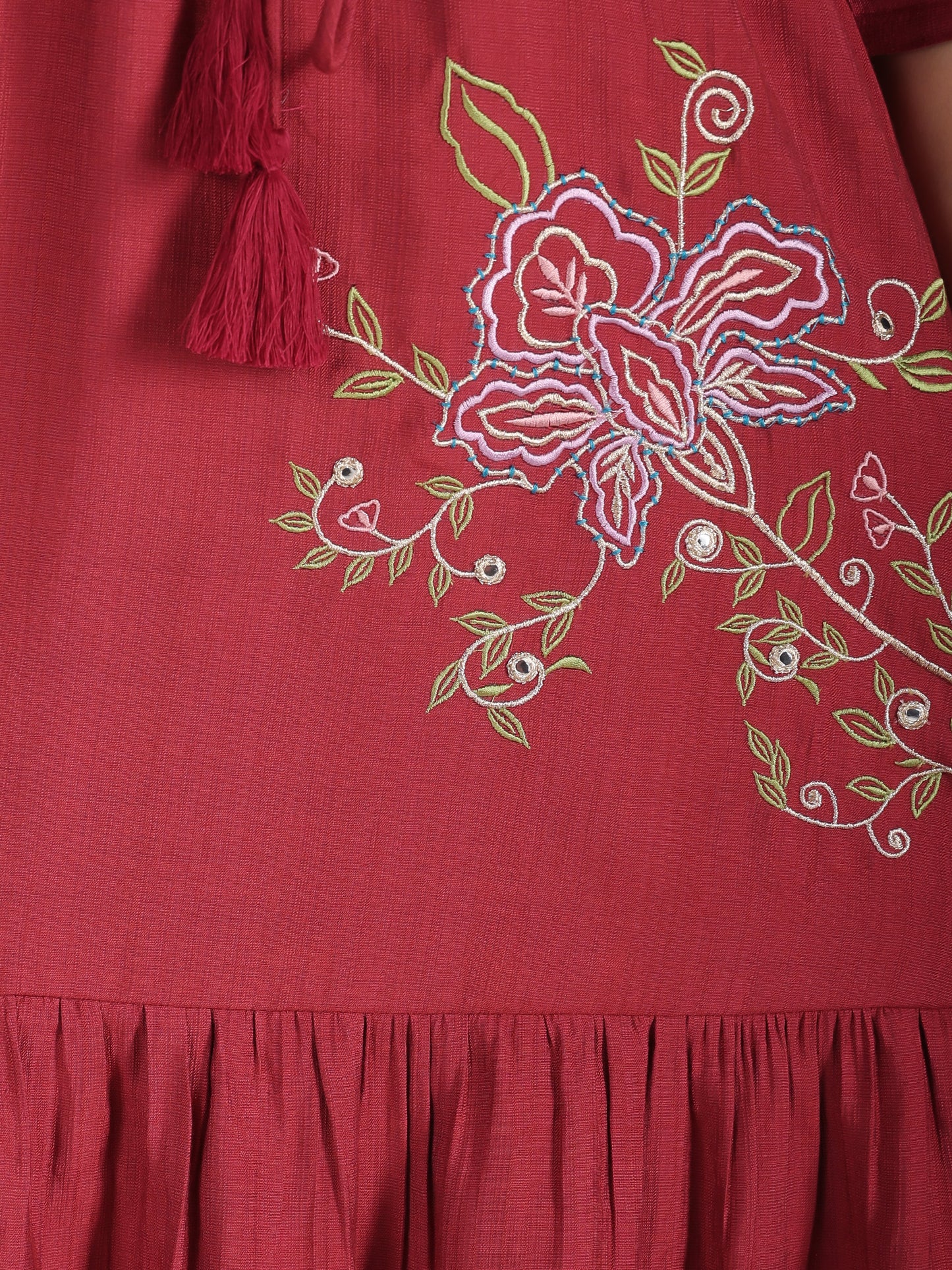 Embroidered Blend Cotton Solid Anarkali Maroon Dress