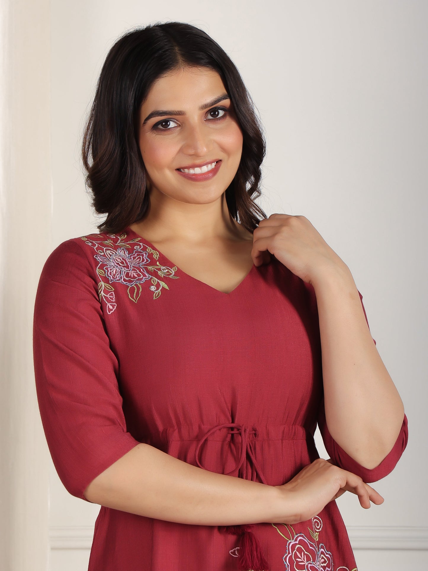 Embroidered Blend Cotton Solid Anarkali Maroon Dress