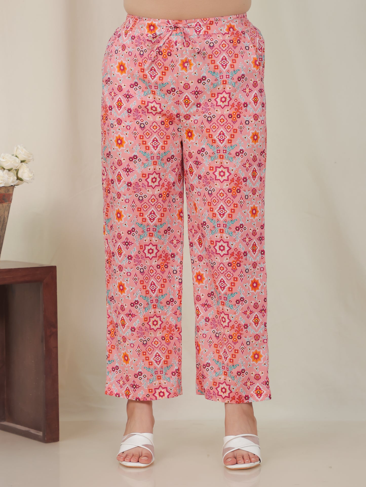 Soft Cotton Geometric Peach Straight Trousers