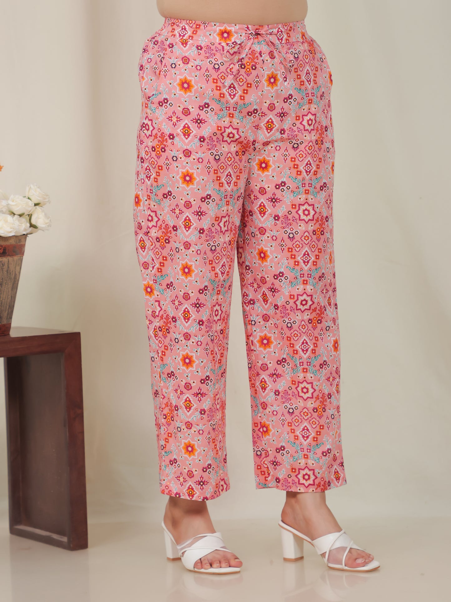 Soft Cotton Geometric Peach Straight Trousers