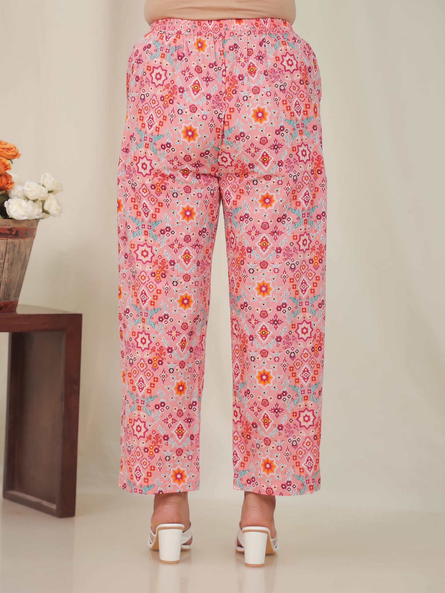 Soft Cotton Geometric Peach Straight Trousers