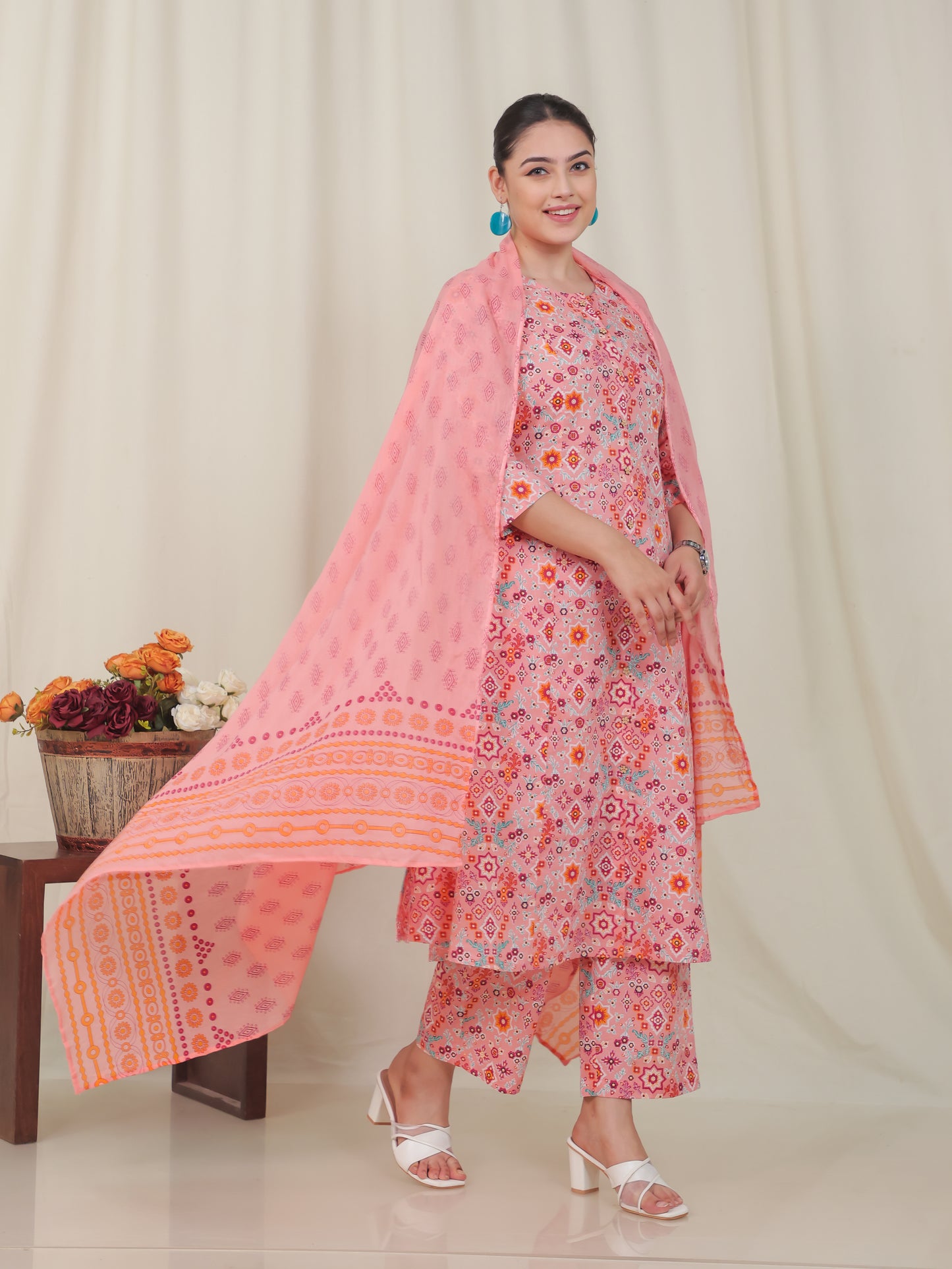 Soft Cotton Geometric A-line Peach Kurta