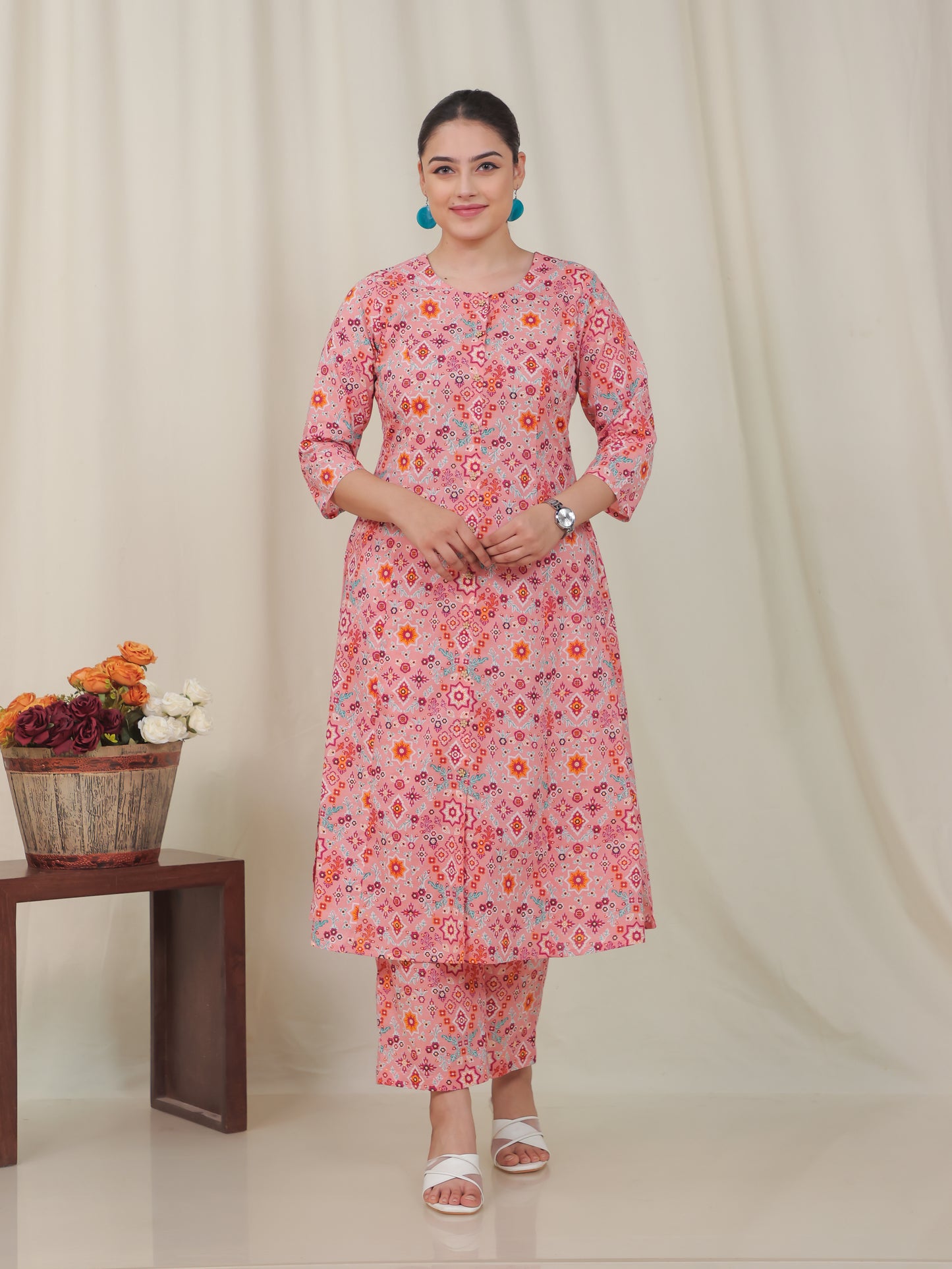 Soft Cotton Geometric A-line Peach Kurta