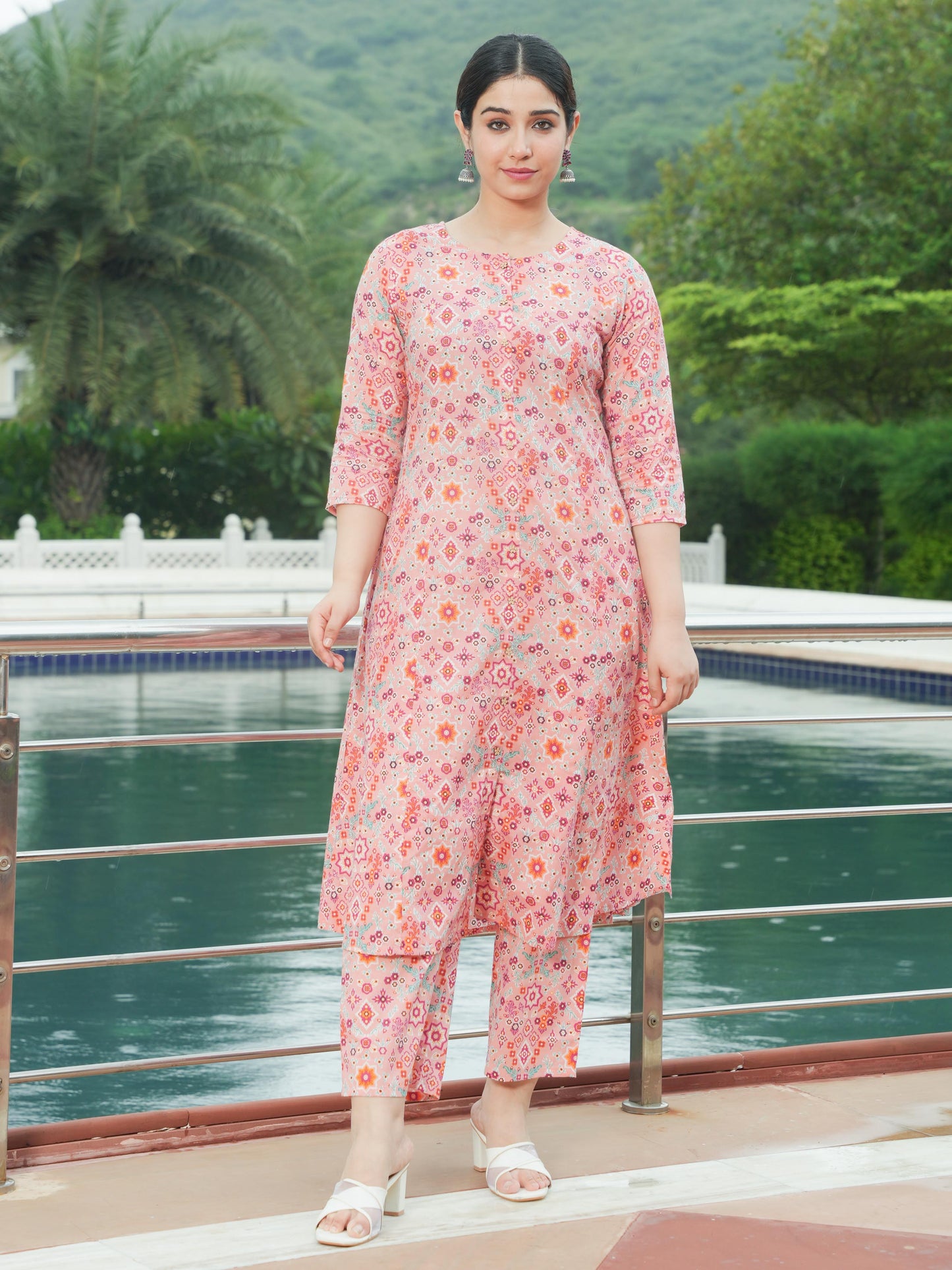 Soft Cotton Geometric A-line Peach Kurta
