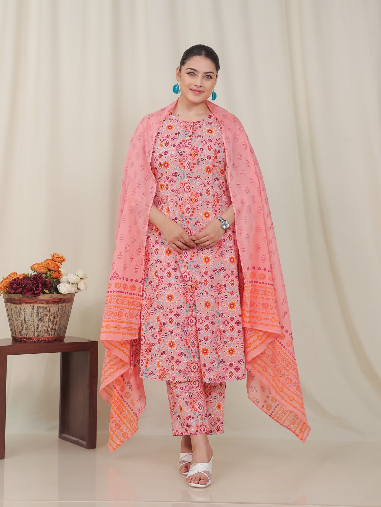 Soft Cotton Geometric A-line Peach Kurta