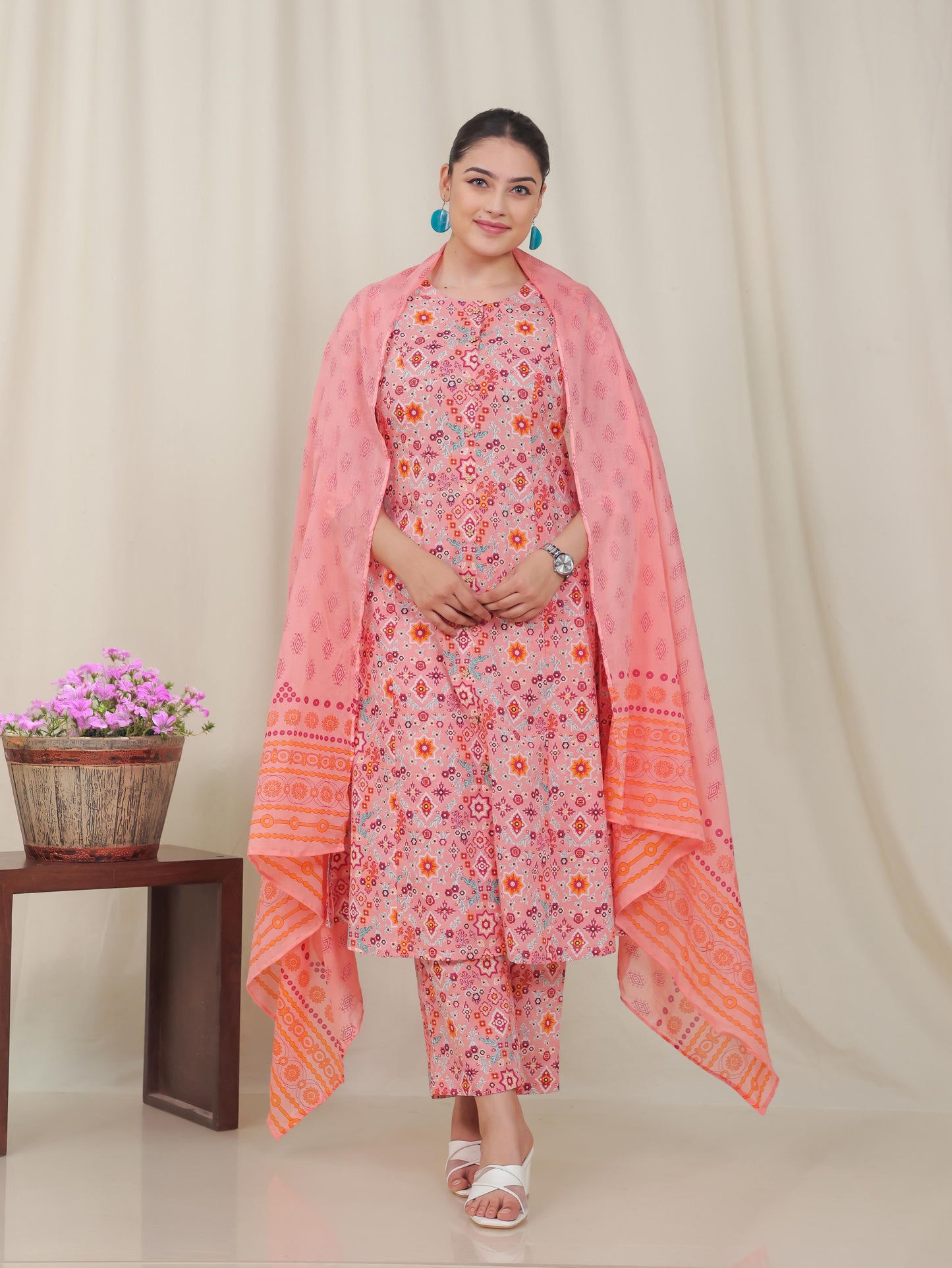 Soft Cotton Geometric A-line Peach Kurta