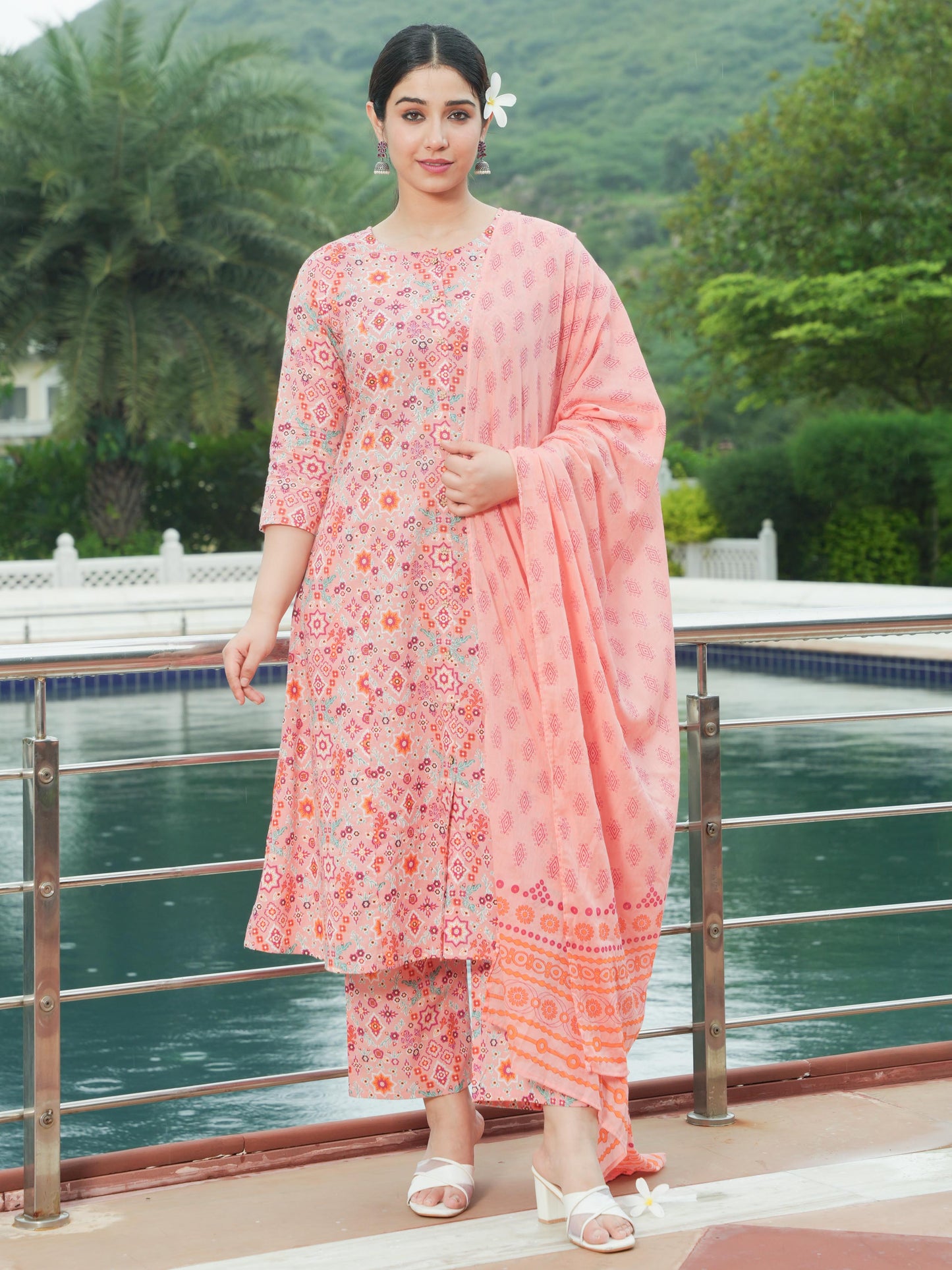 Soft Cotton Geometric A-line Peach Kurta
