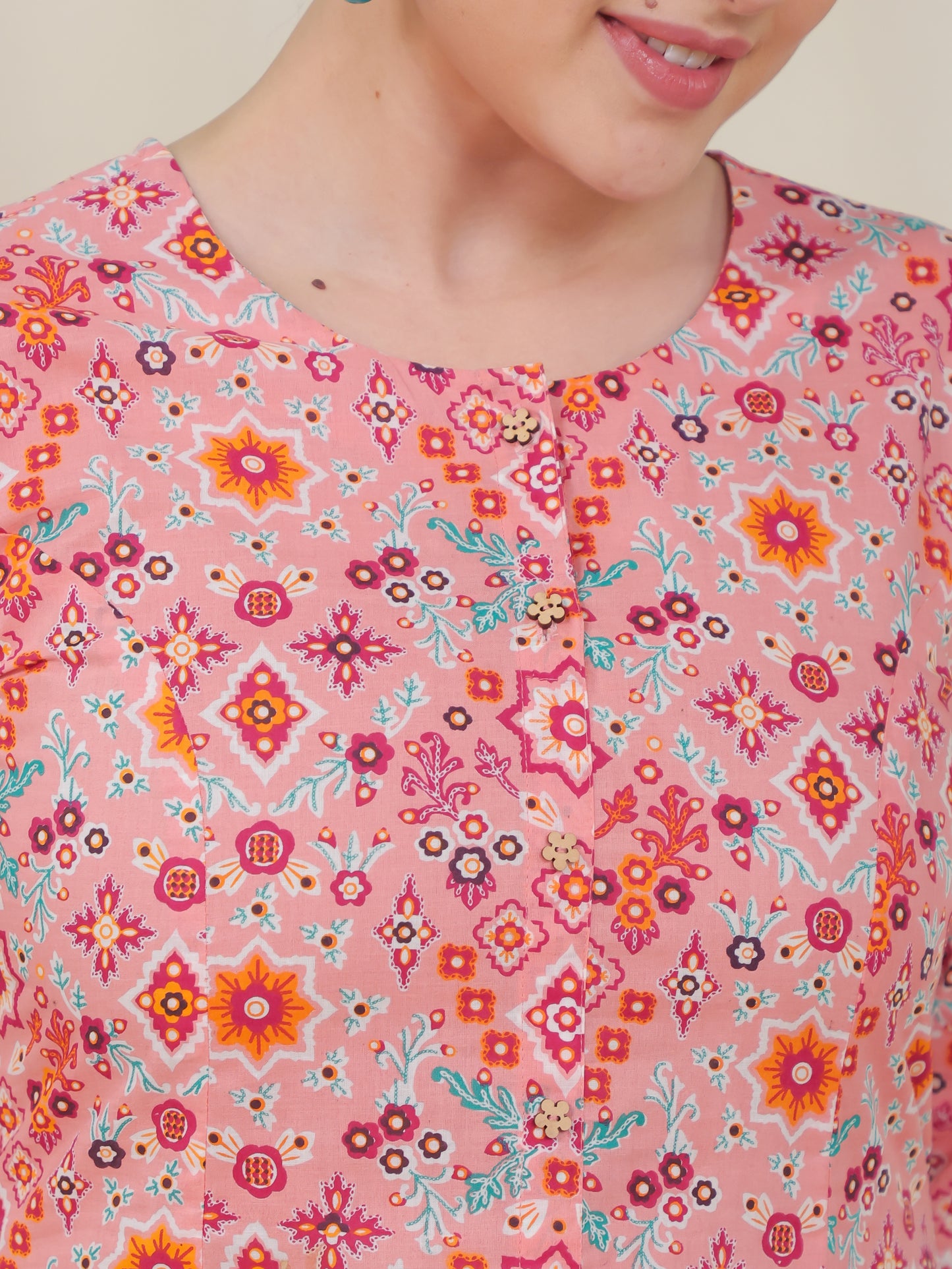 Soft Cotton Geometric A-line Peach Kurta