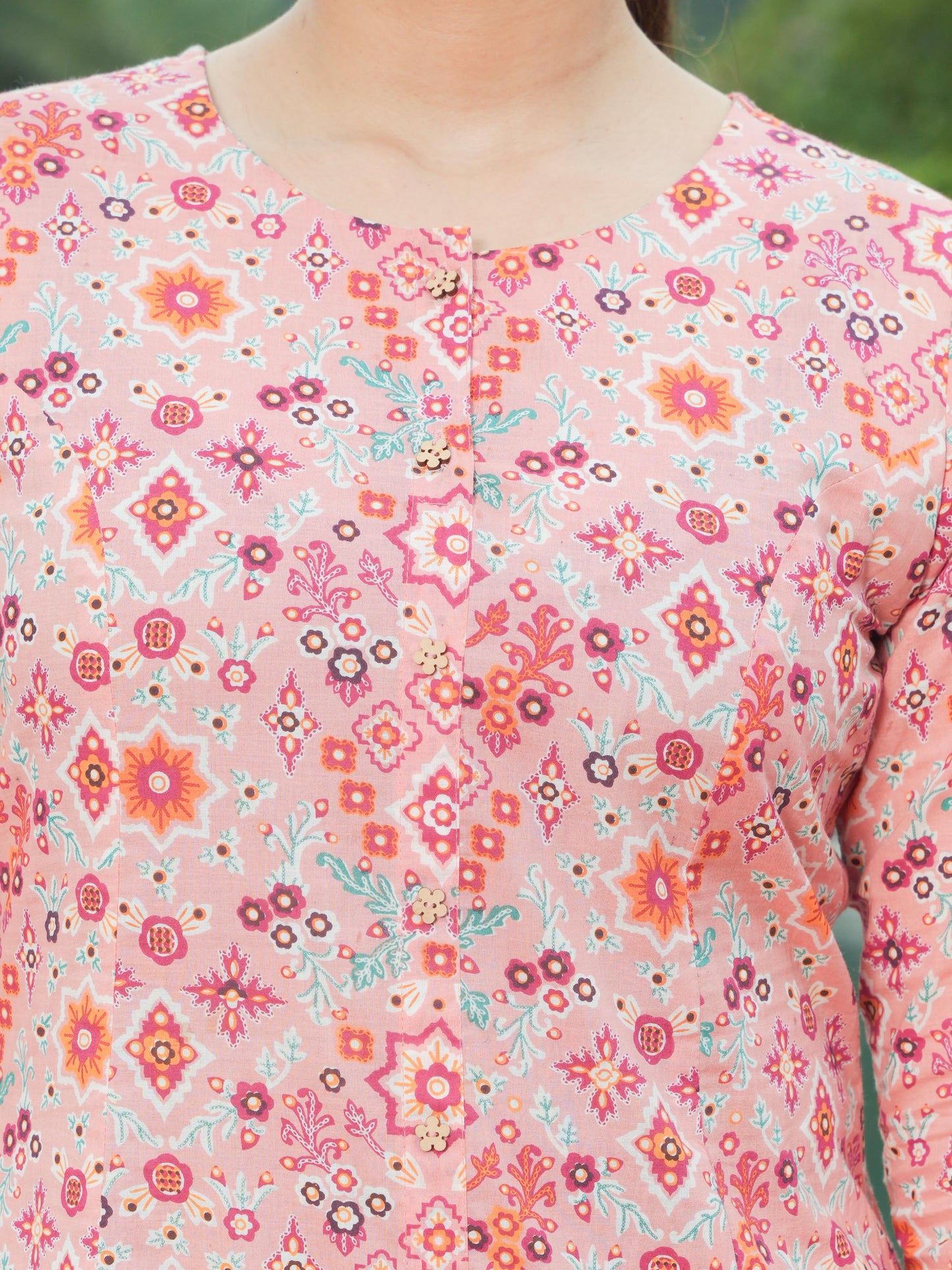 Soft Cotton Geometric A-line Peach Kurta