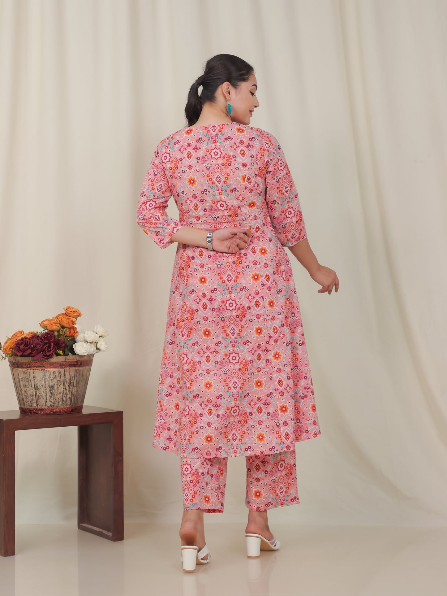Soft Cotton Geometric A-line Peach Kurta