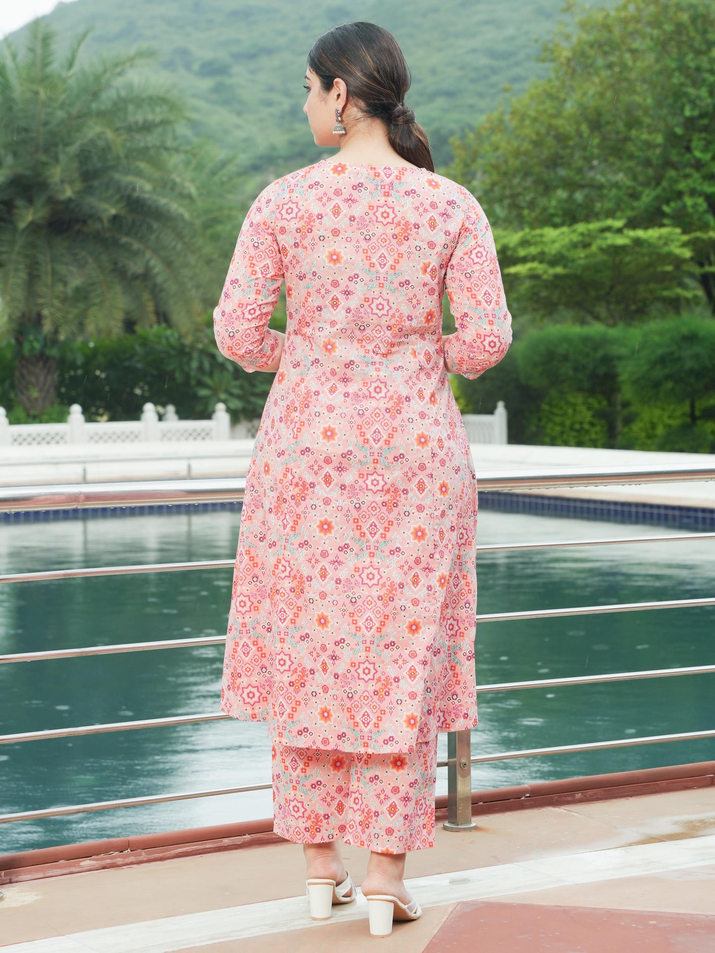 Soft Cotton Geometric A-line Peach Kurta