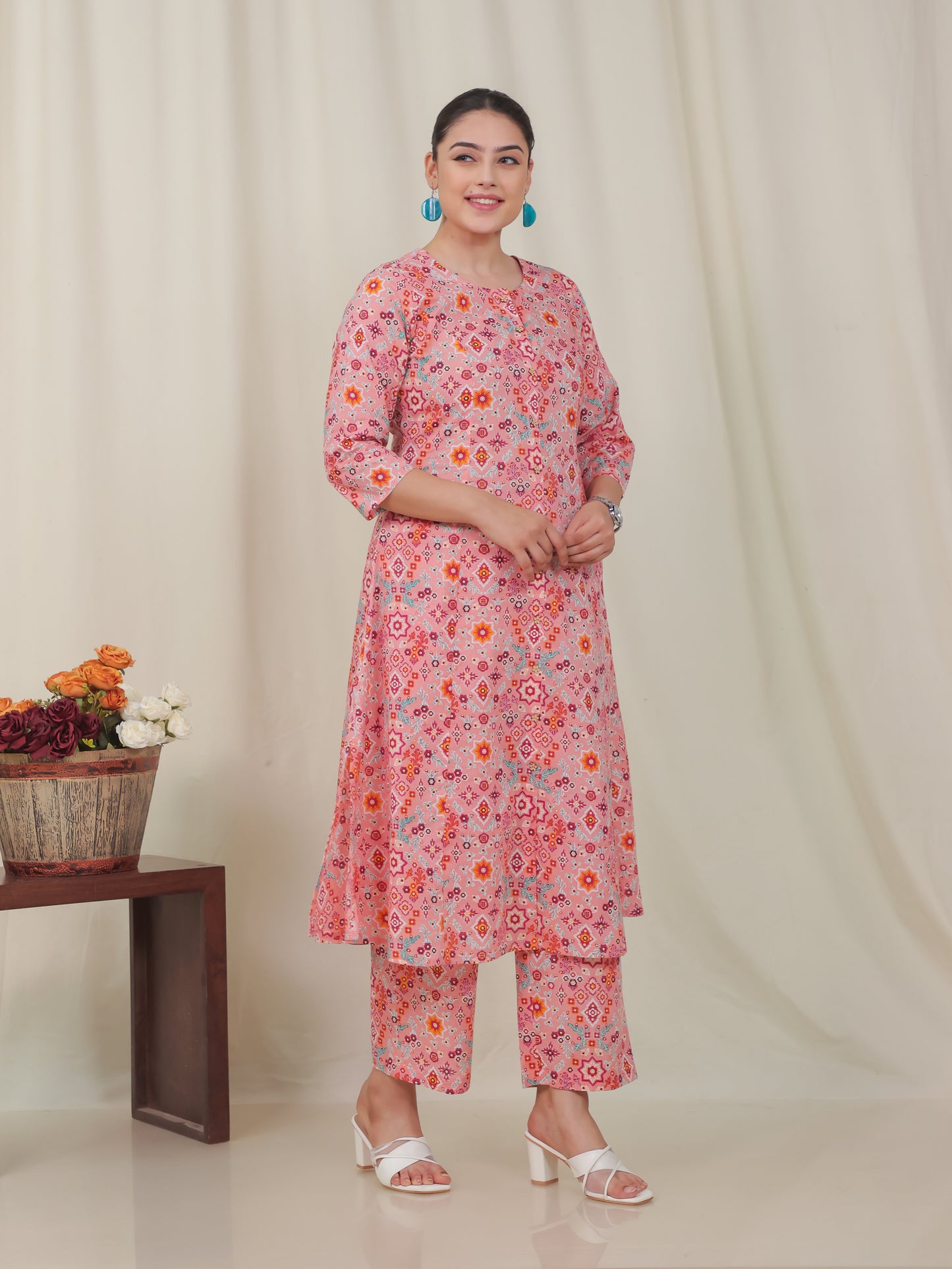 Soft Cotton Geometric A-line Peach Kurta
