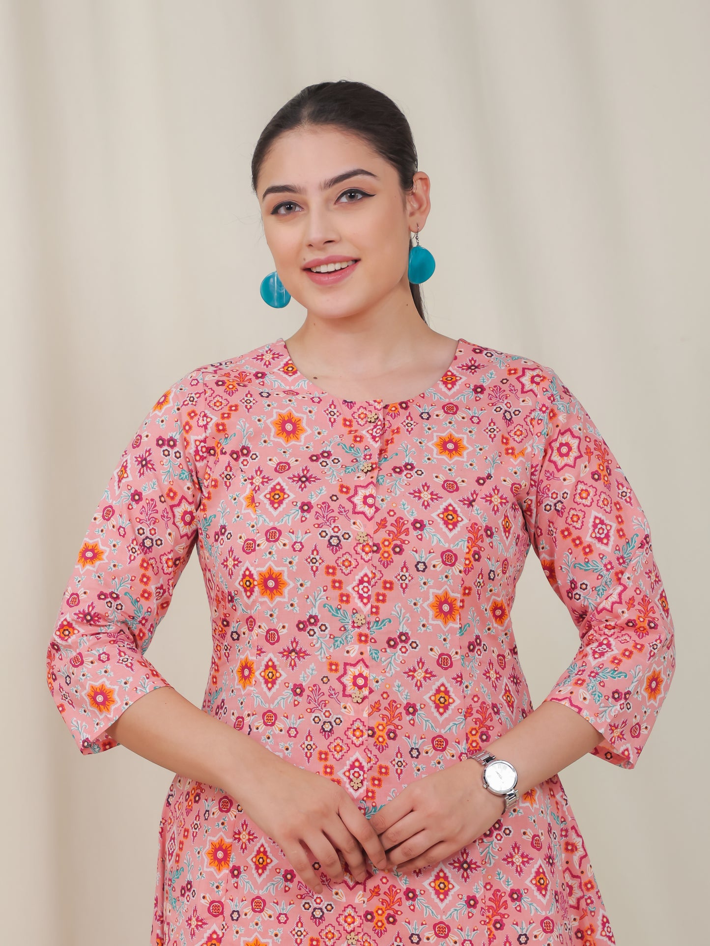 Soft Cotton Geometric A-line Peach Kurta
