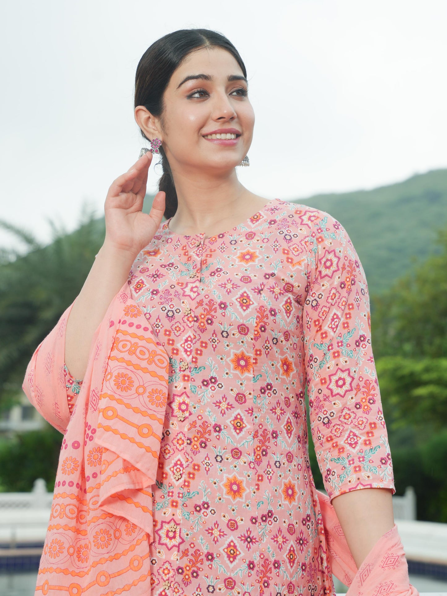 Soft Cotton Geometric A-line Peach Kurta