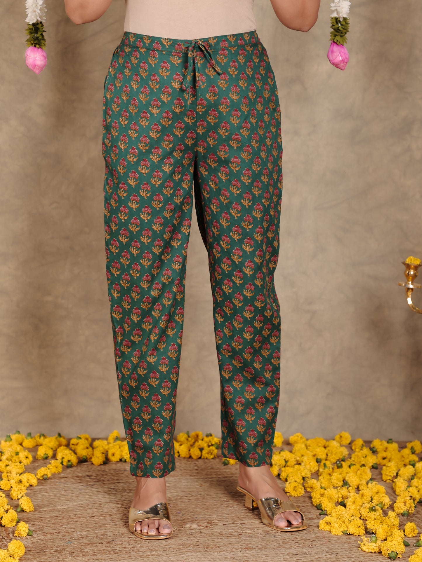 Soft Cotton Floral Green Tapered Trousers