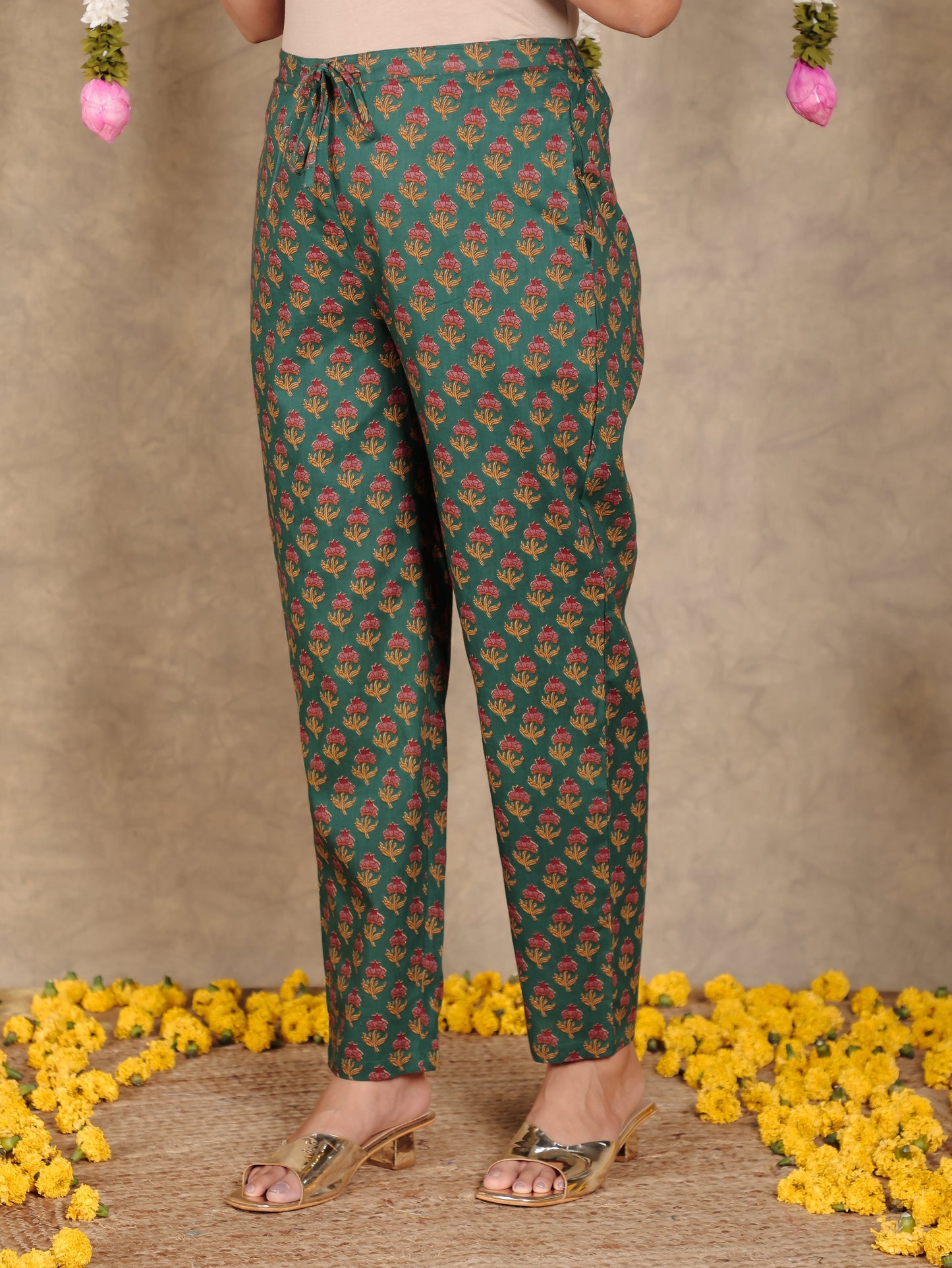 Soft Cotton Floral Green Tapered Trousers