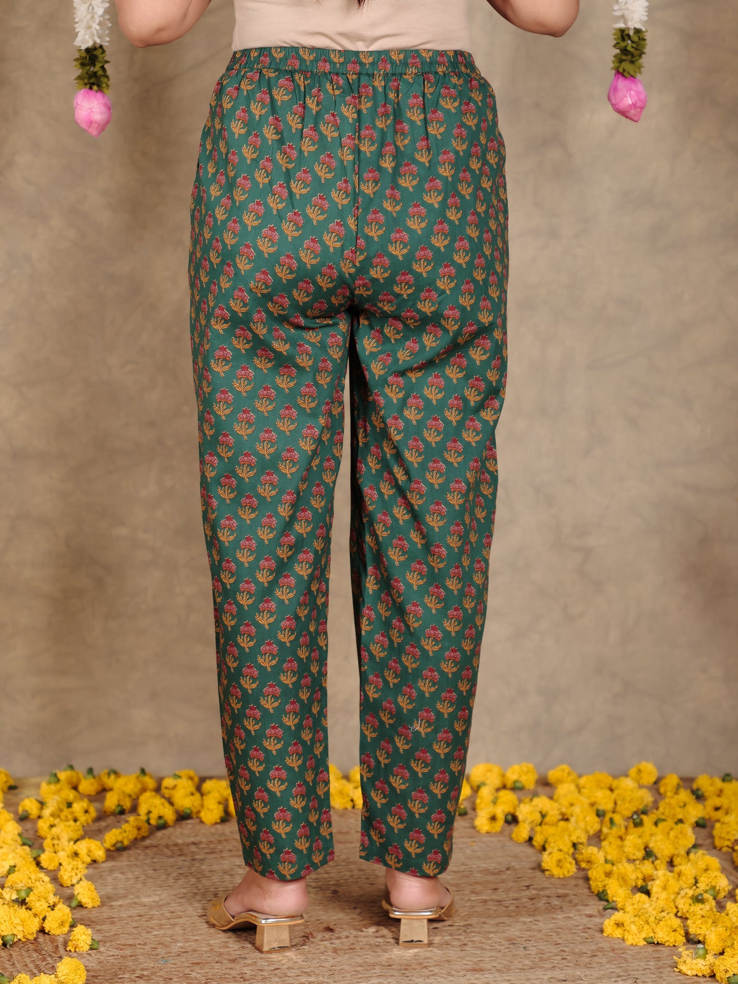 Soft Cotton Floral Green Tapered Trousers