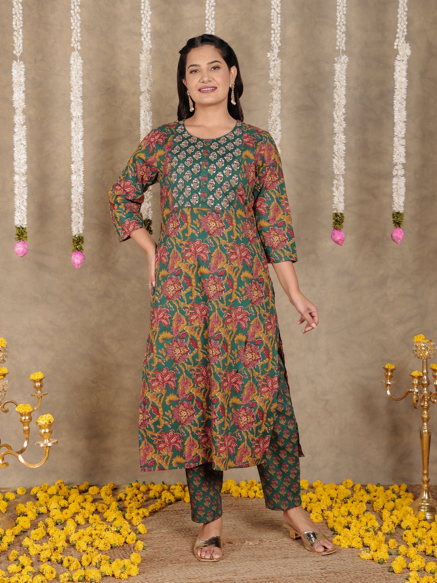 Embroidered Soft Cotton Floral Straight Green Kurta