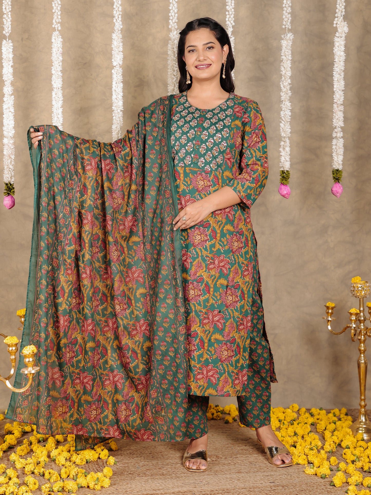 Embroidered Soft Cotton Floral Straight Green Kurta