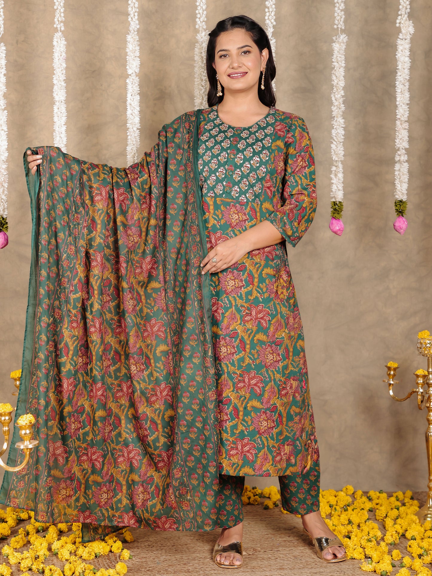 Cotton Voile Floral Green Dupatta
