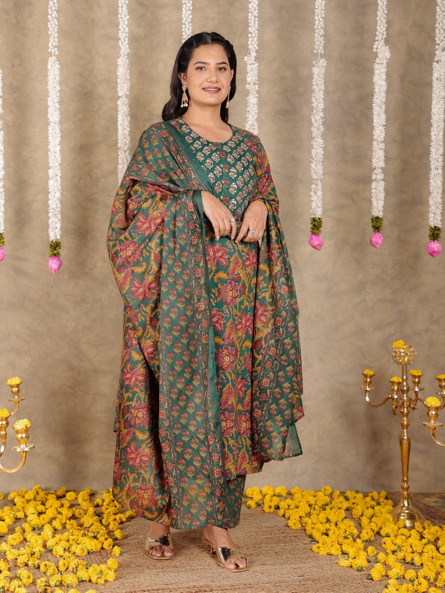 Embroidered Soft Cotton Floral Straight Green Kurta