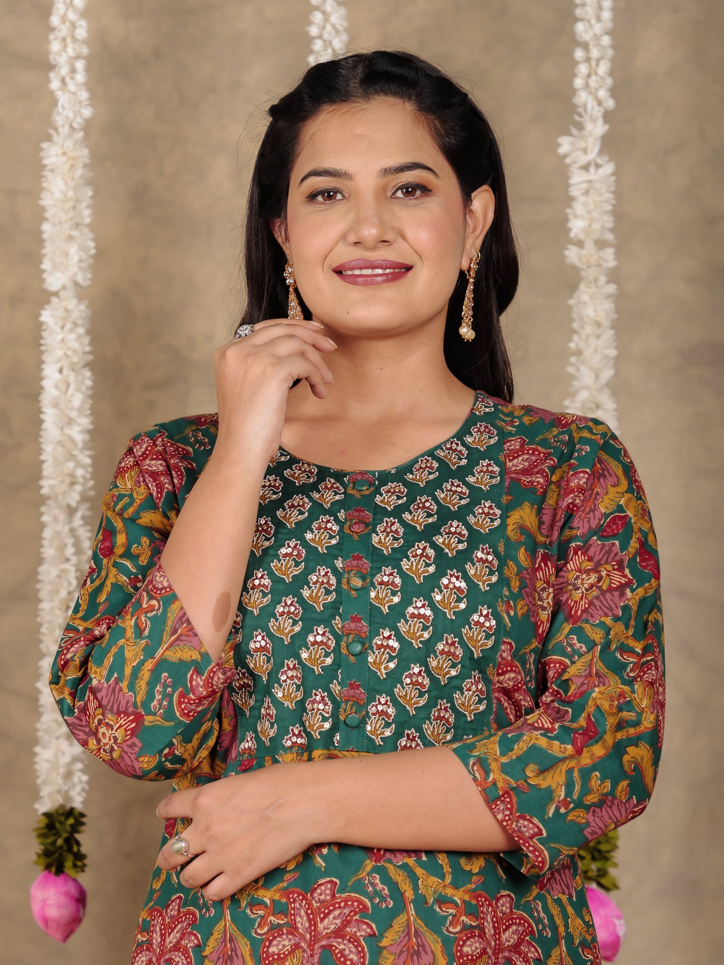 Embroidered Soft Cotton Floral Straight Green Kurta