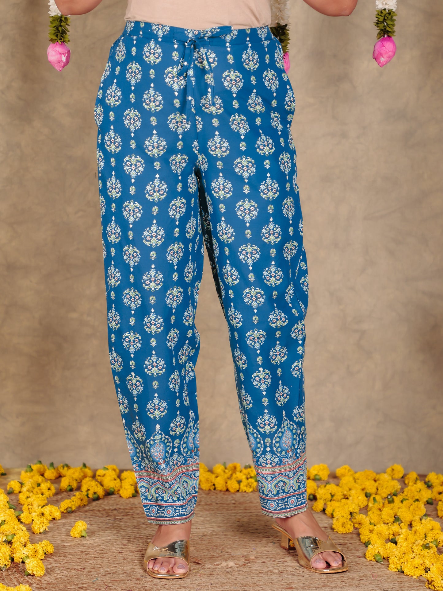 Soft Cotton Floral Blue Tapered Trousers