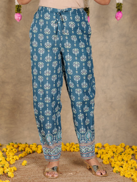 Soft Cotton Floral Blue Tapered Trousers