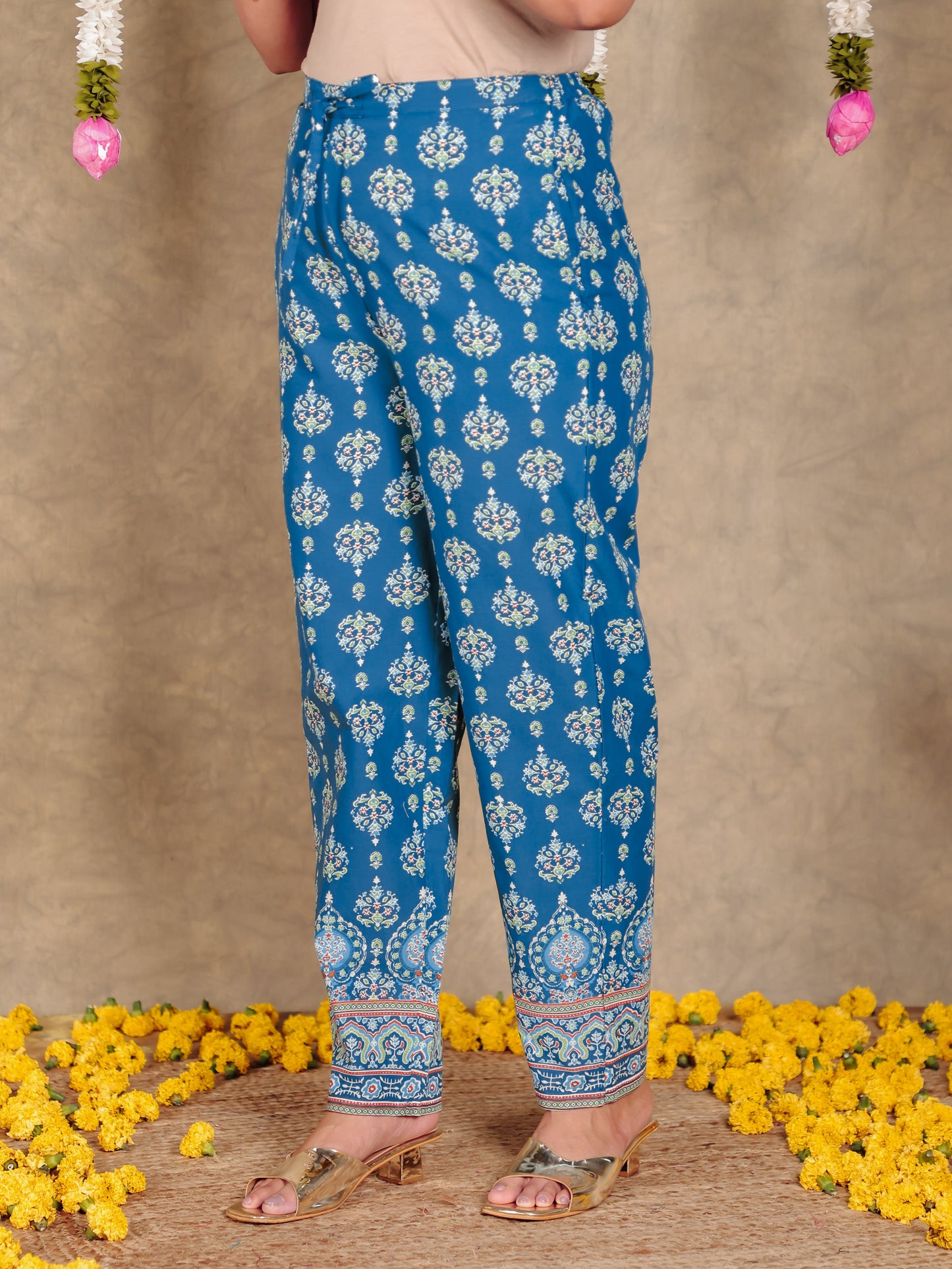 Soft Cotton Floral Blue Tapered Trousers