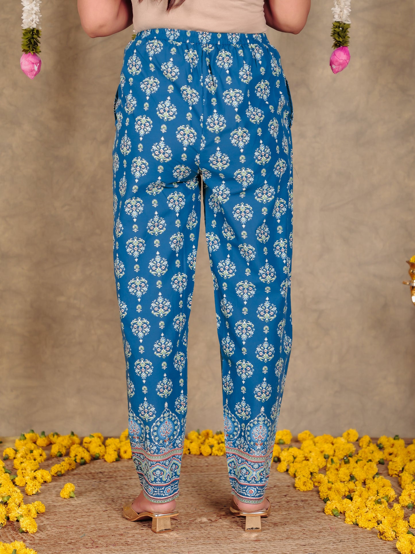 Soft Cotton Floral Blue Tapered Trousers