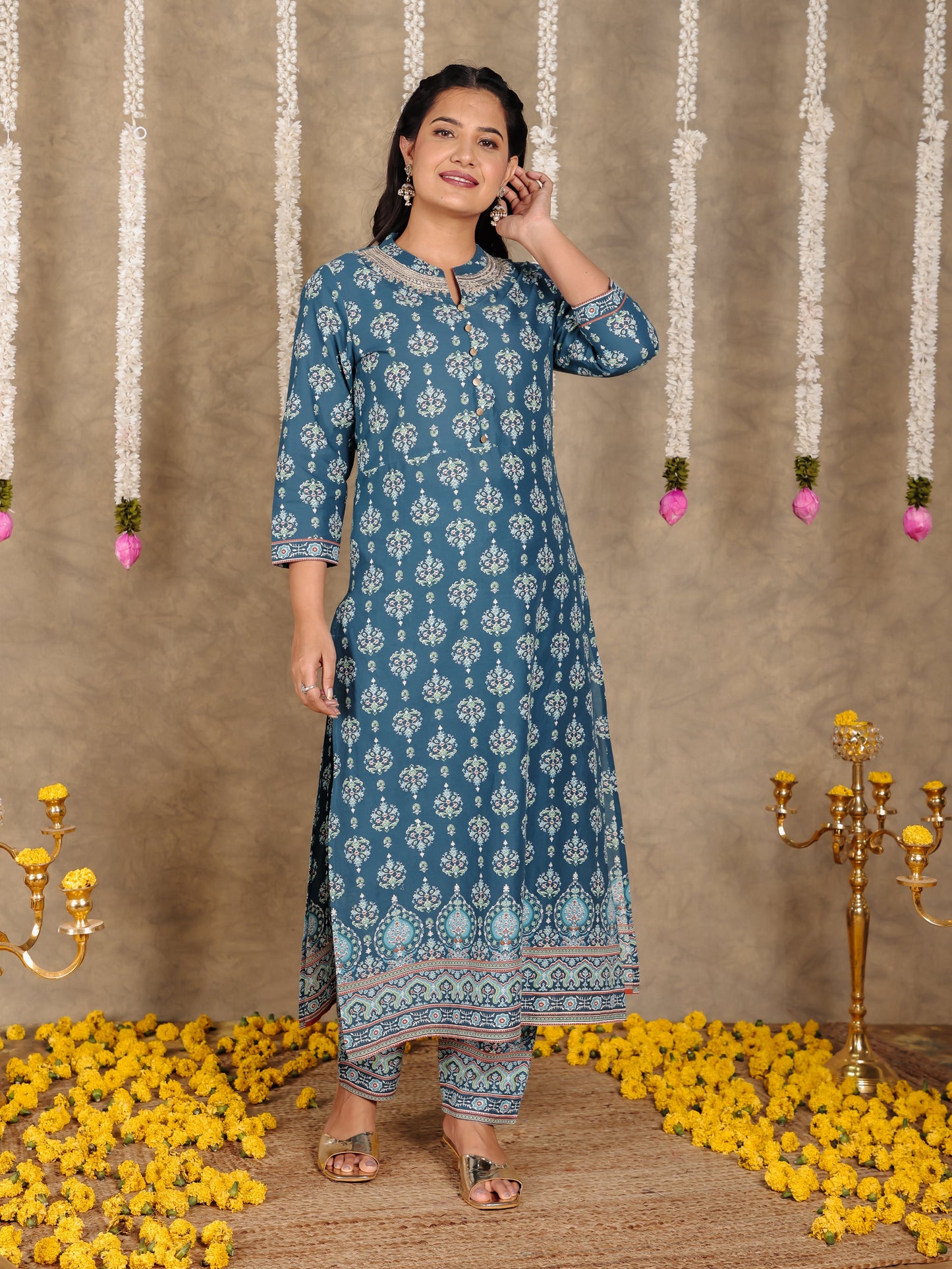 Embroidered Soft Cotton Floral Straight Blue Kurta