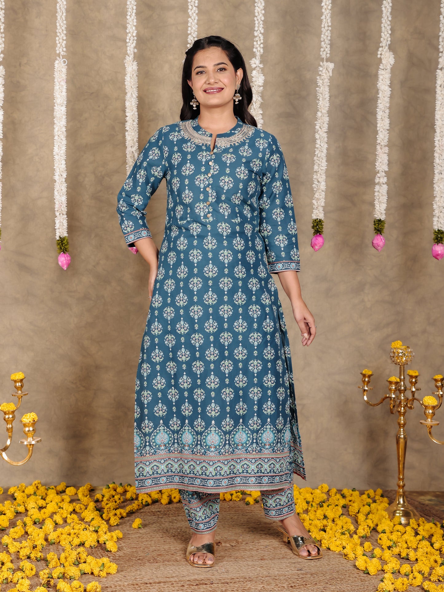 Embroidered Soft Cotton Floral Straight Blue Kurta
