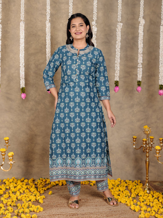 Embroidered Soft Cotton Floral Straight Blue Kurta