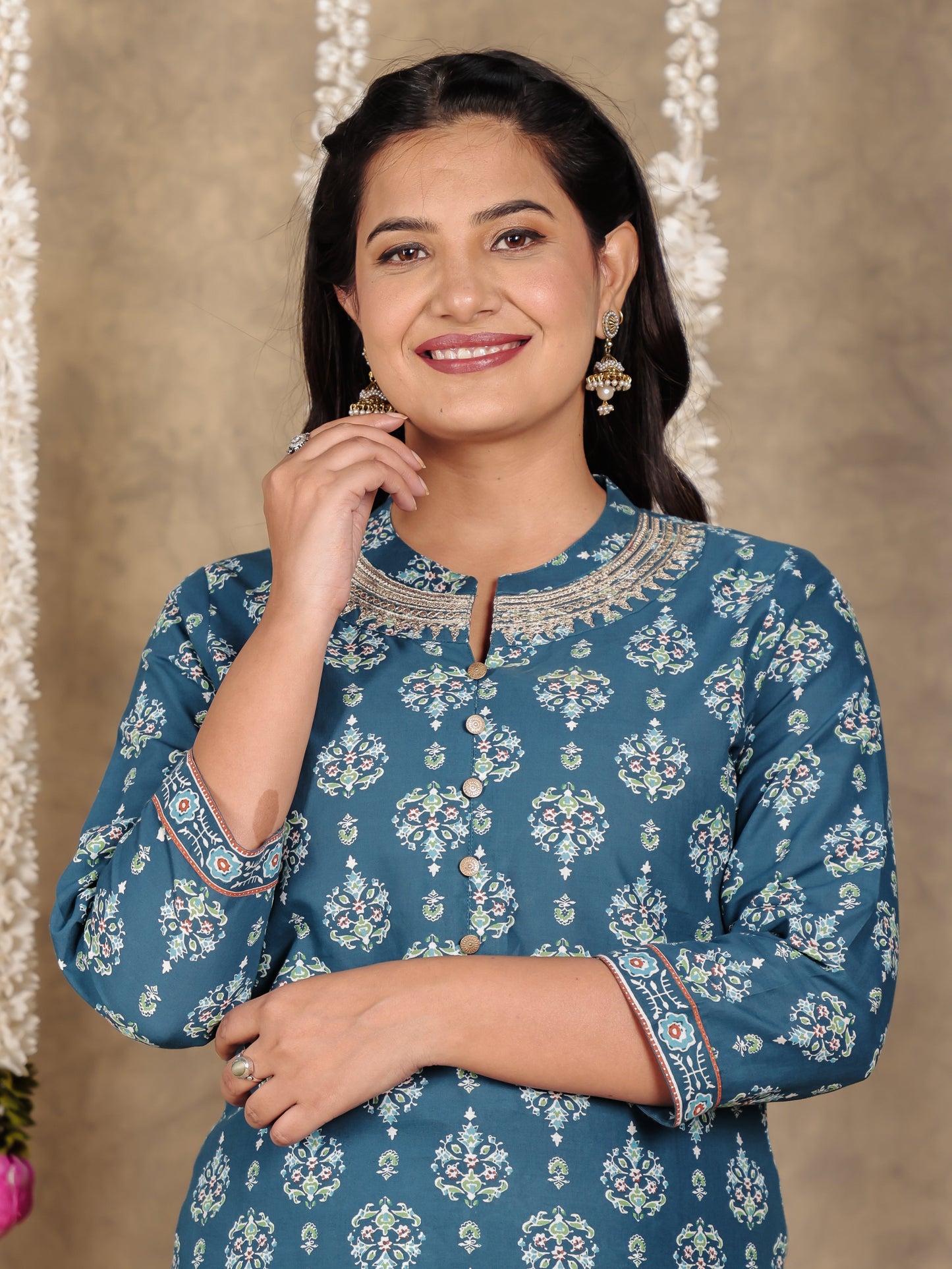 Embroidered Soft Cotton Floral Straight Blue Kurta