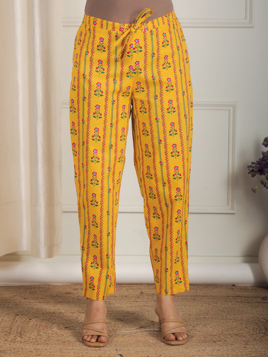 Soft Cotton Floral Yellow Tapered Trousers