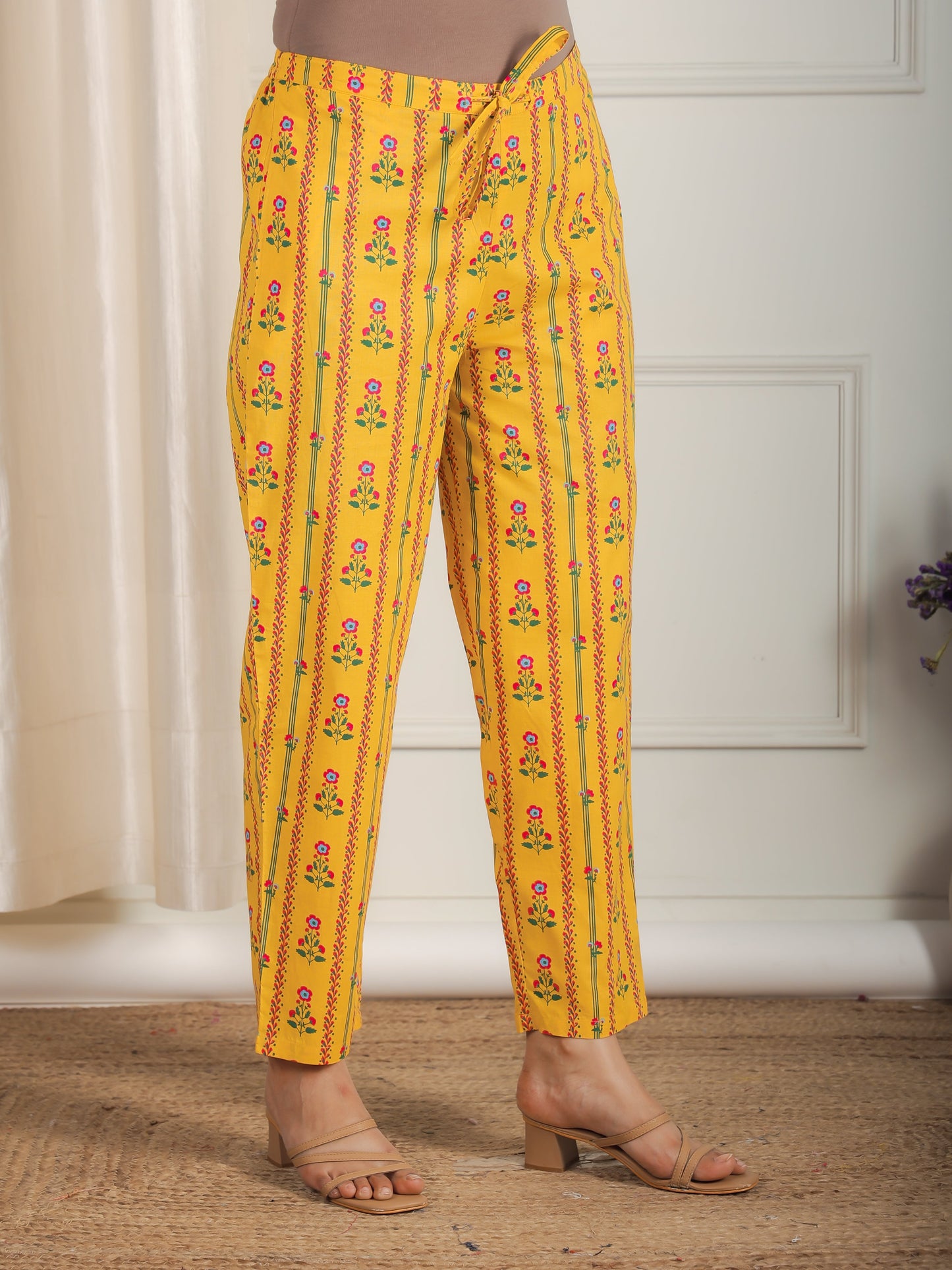 Soft Cotton Floral Yellow Tapered Trousers