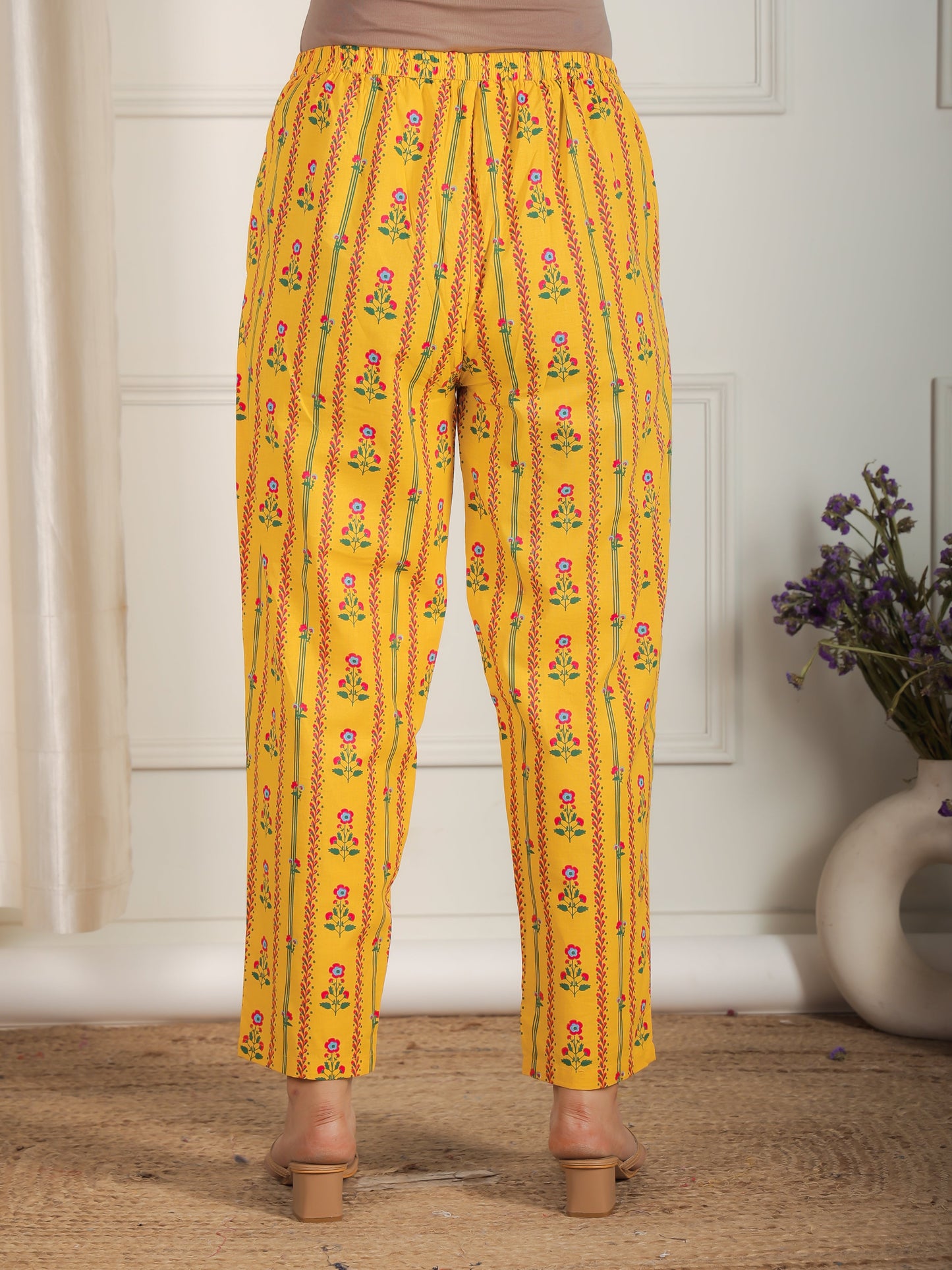 Soft Cotton Floral Yellow Tapered Trousers