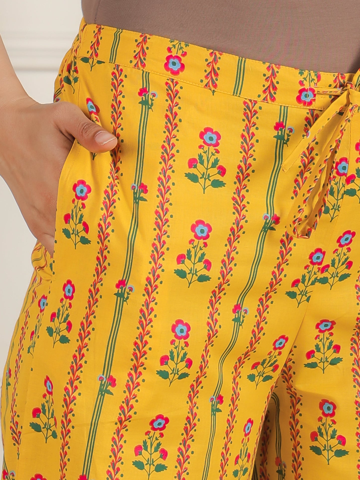 Soft Cotton Floral Yellow Tapered Trousers