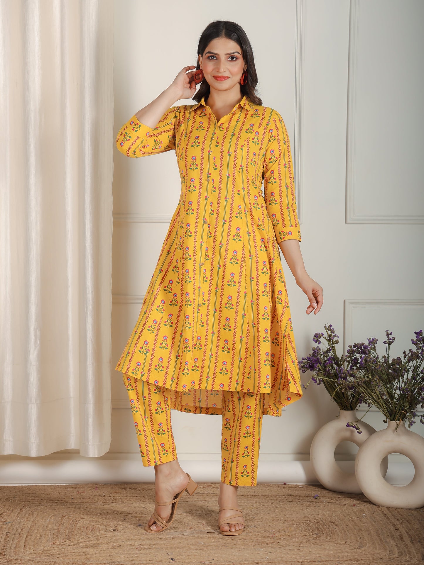 Soft Cotton Floral Flared Yellow Kurta