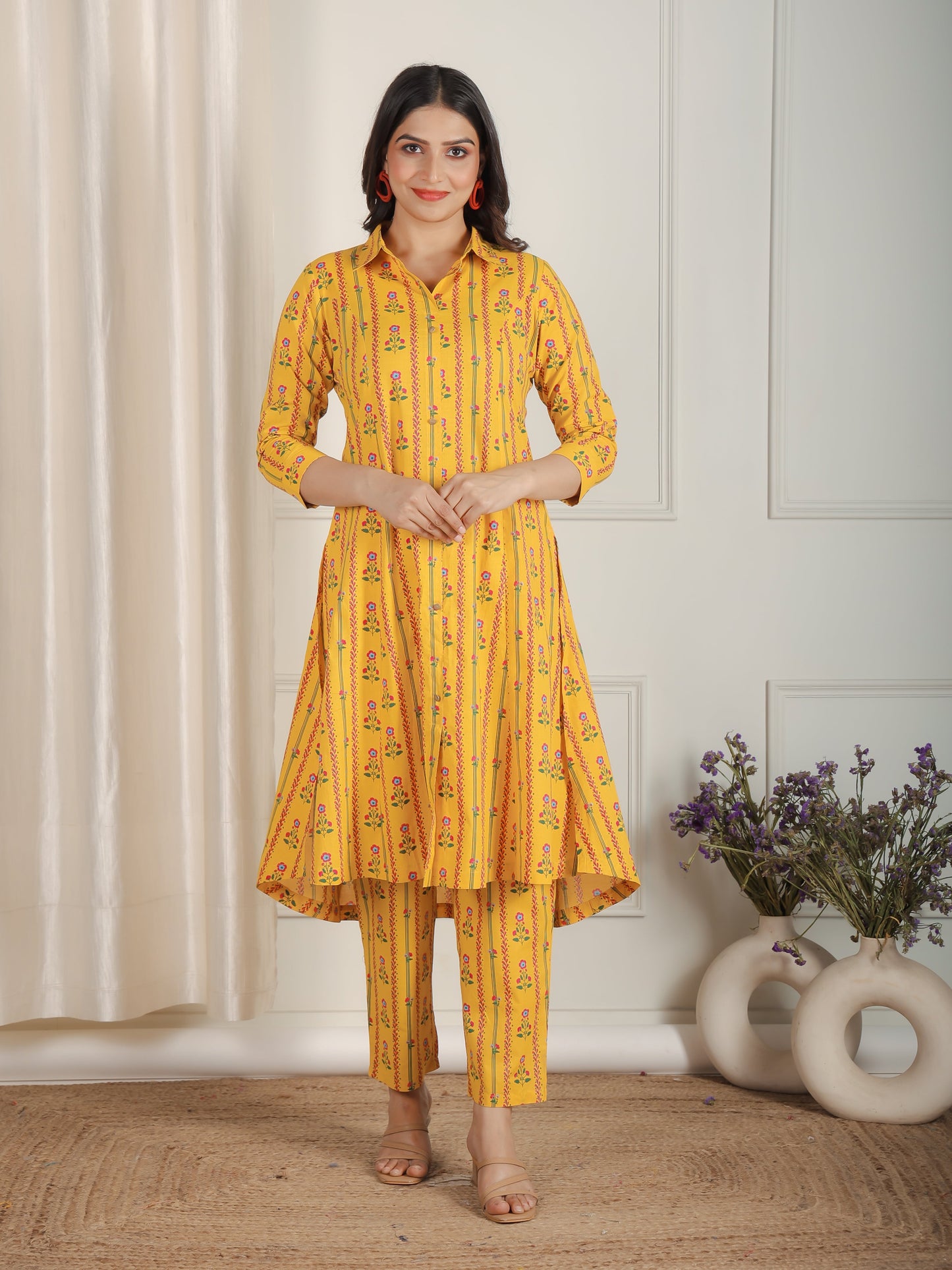 Soft Cotton Floral Flared Yellow Kurta
