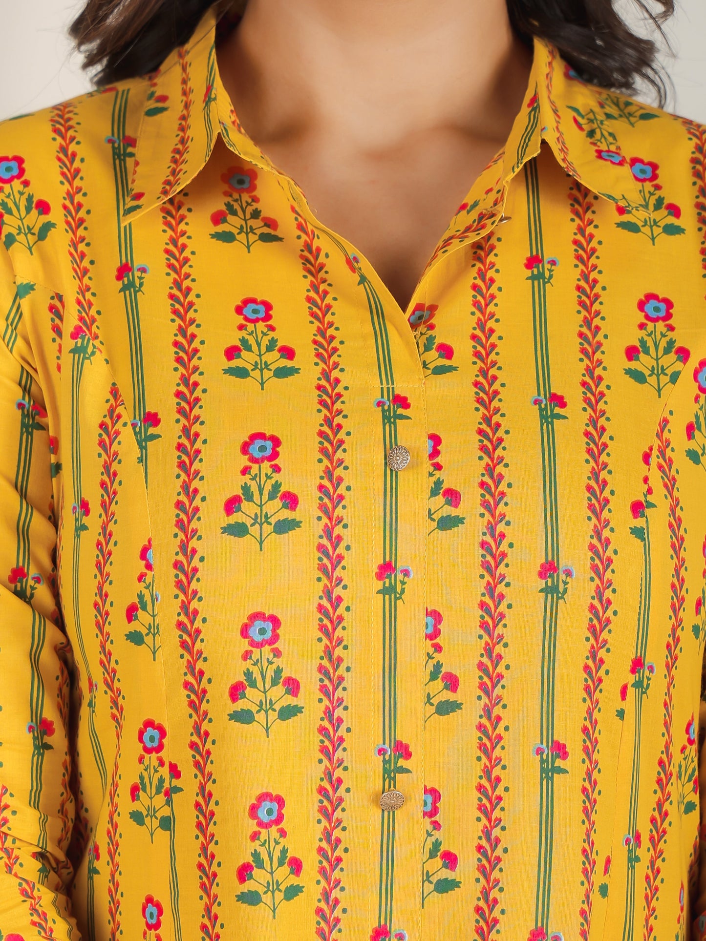 Soft Cotton Floral Flared Yellow Kurta
