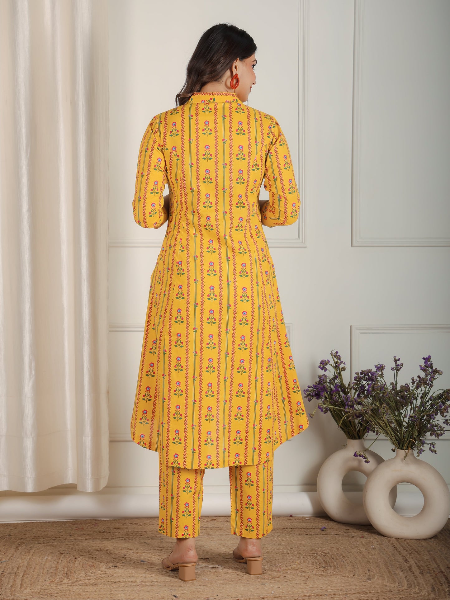 Soft Cotton Floral Flared Yellow Kurta