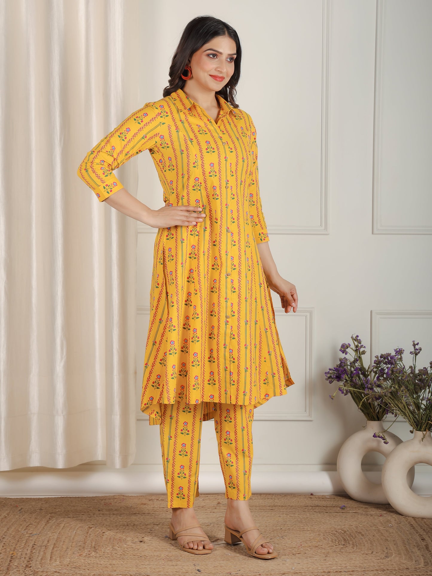 Soft Cotton Floral Flared Yellow Kurta