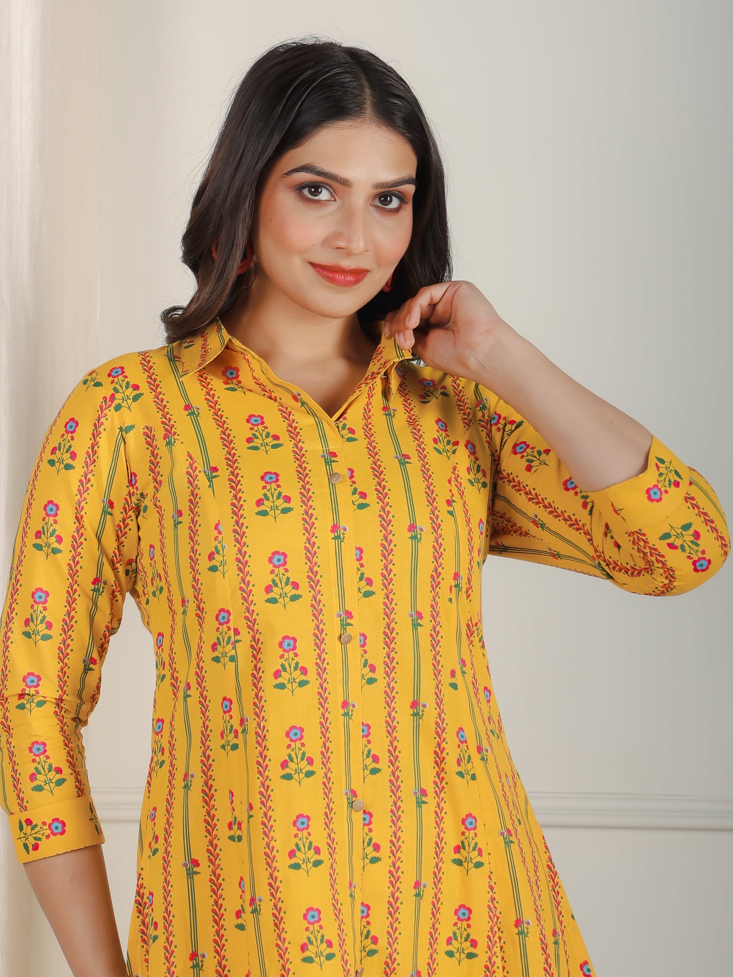Soft Cotton Floral Flared Yellow Kurta