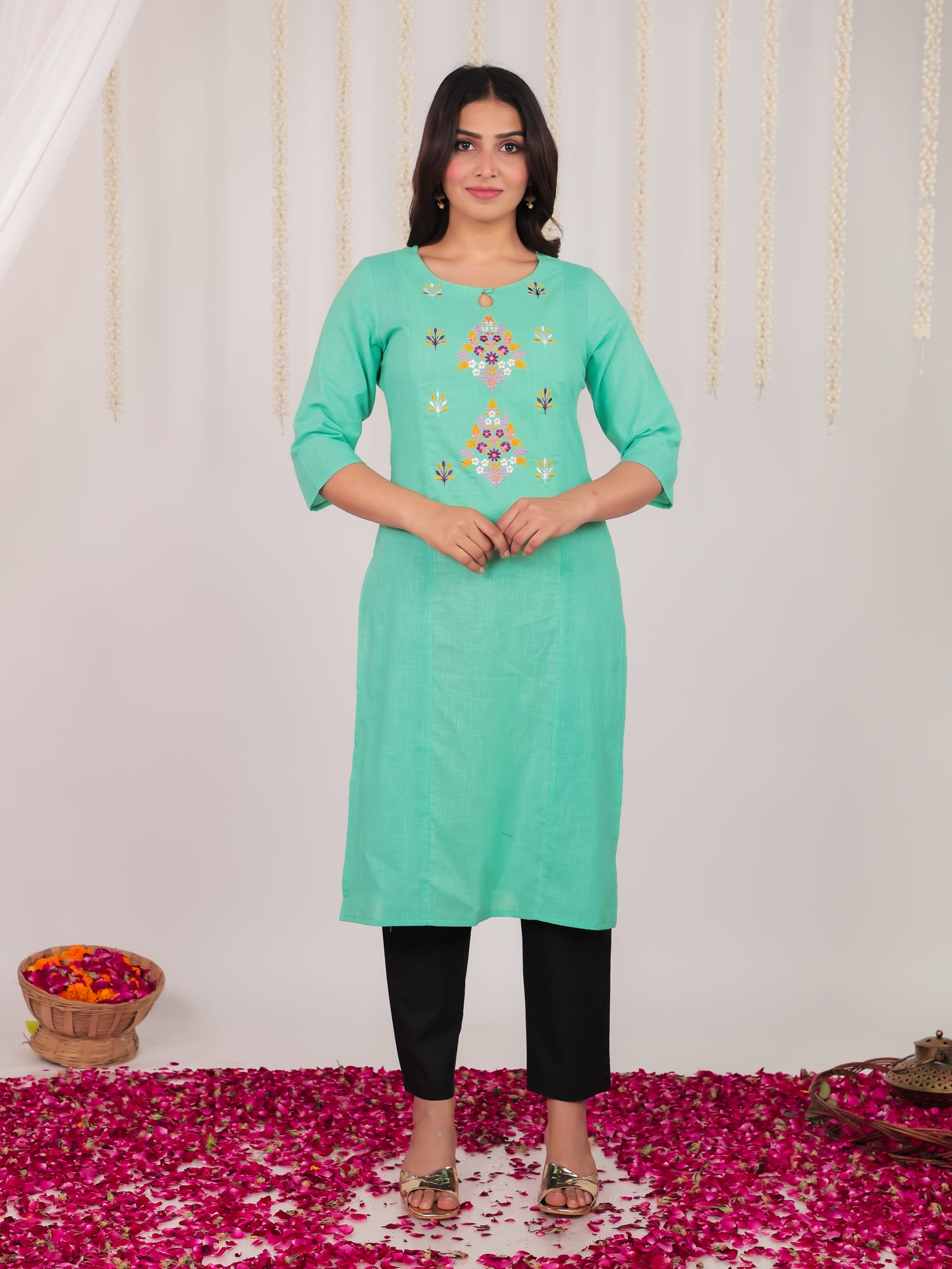 Natural Cotton Solid Panelled Green Kurta