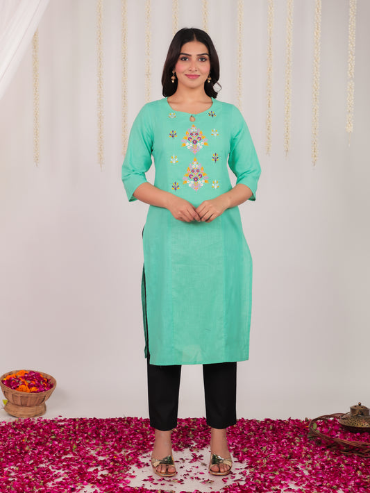 Natural Cotton Solid Panelled Green Kurta