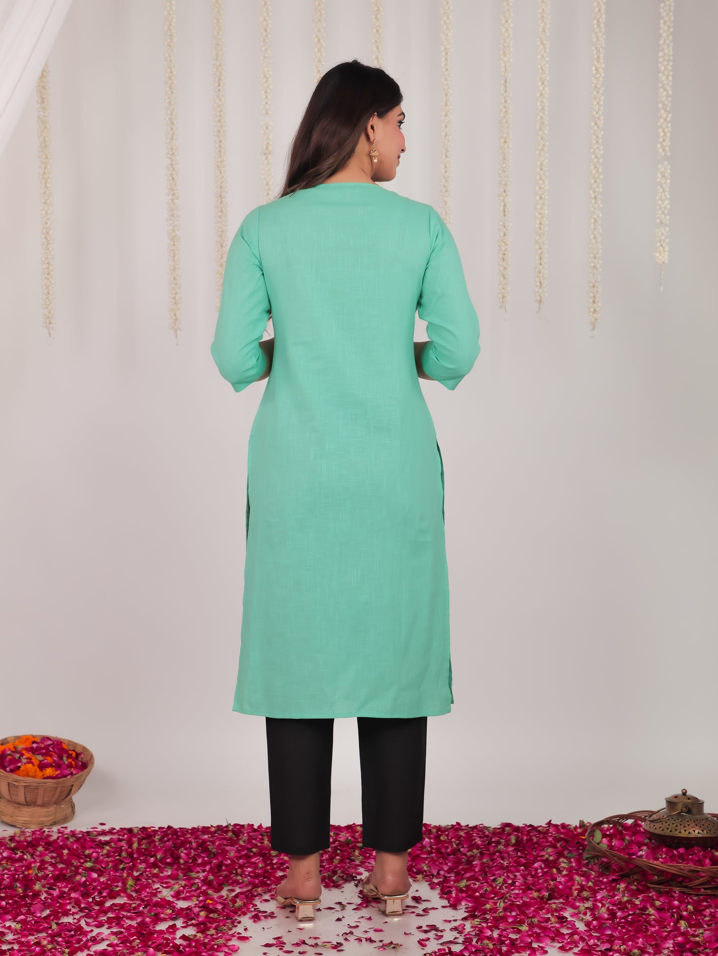 Natural Cotton Solid Panelled Green Kurta