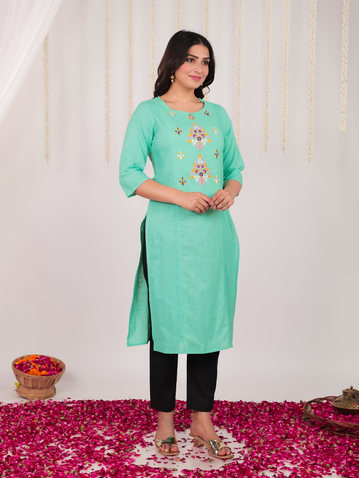 Natural Cotton Solid Panelled Green Kurta