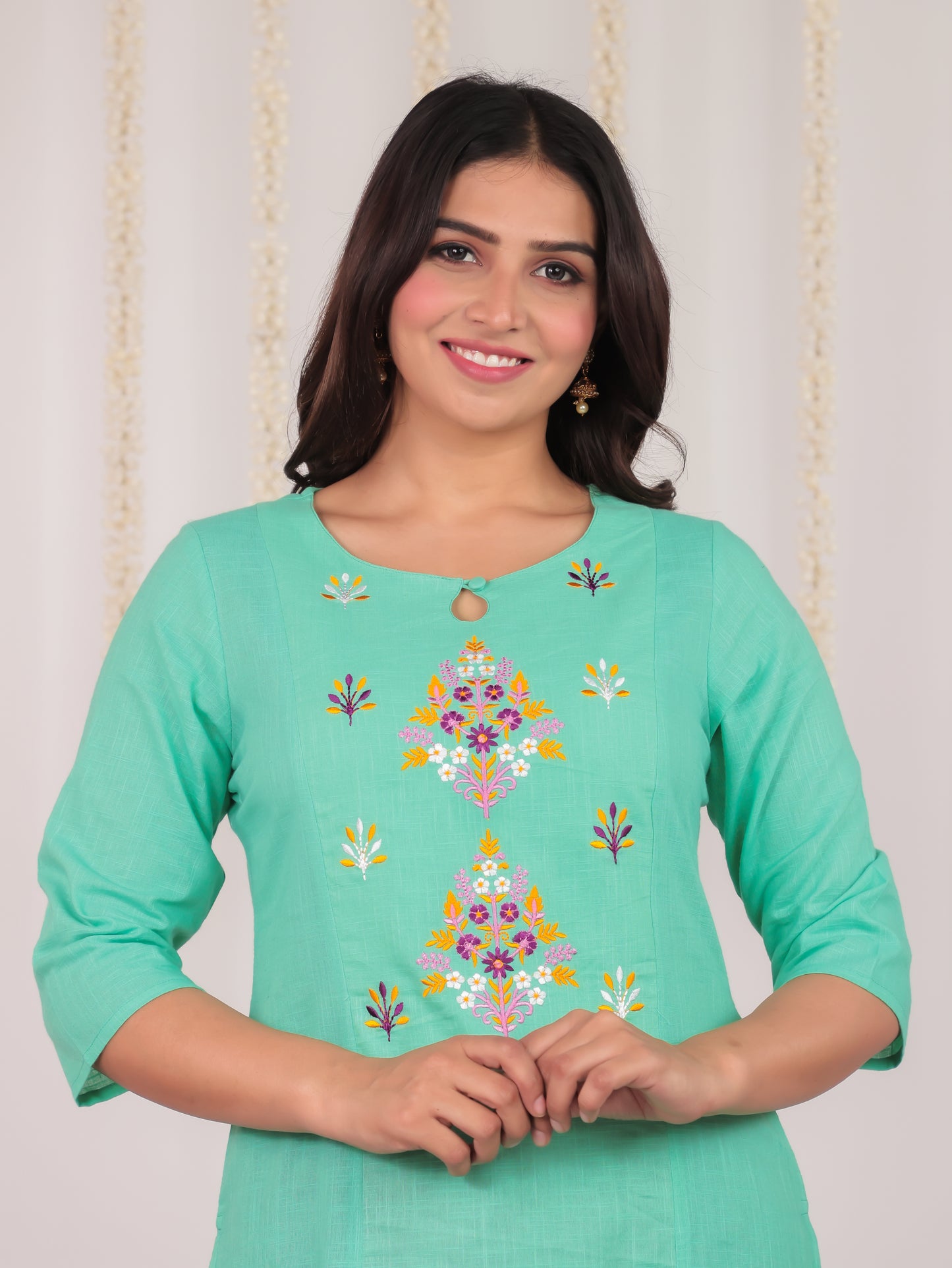 Natural Cotton Solid Panelled Green Kurta